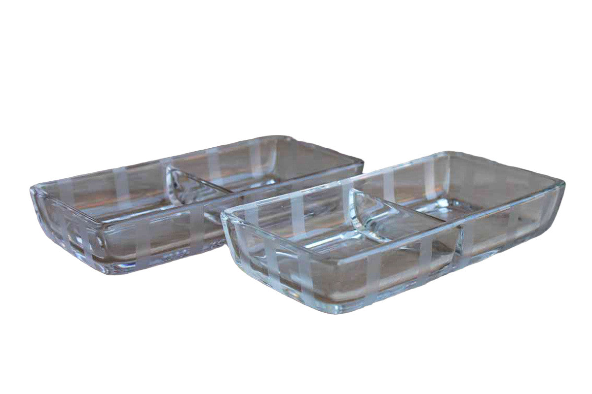 Clear Glass Divided Snack Bowls with Vertical Etched Stripes Detailing, A Pair