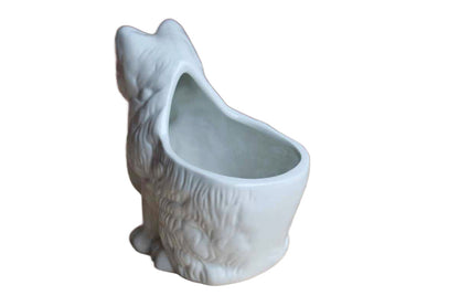 Glossy White Porcelain Planter of a Mother Cat Holding Kitten with Her Mouth