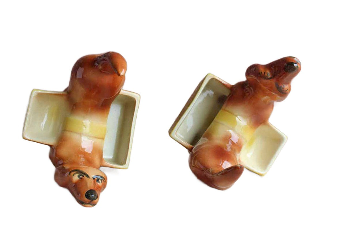 A.L. Hirsch Pottery Ceramic Dachshund Matching Dresser Caddies, A Pair