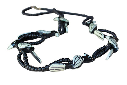 Hand Painted Carved Wood Black and White Bird Necklace with Wood Beads and Barrel Clasp