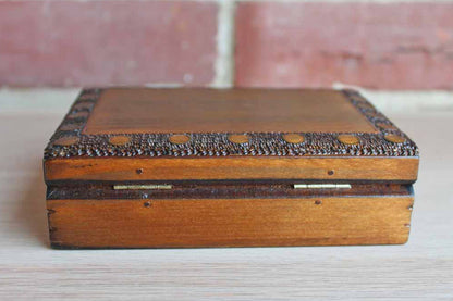 Wood Lidded Box with Inlaid Brass Designs Made in Poland