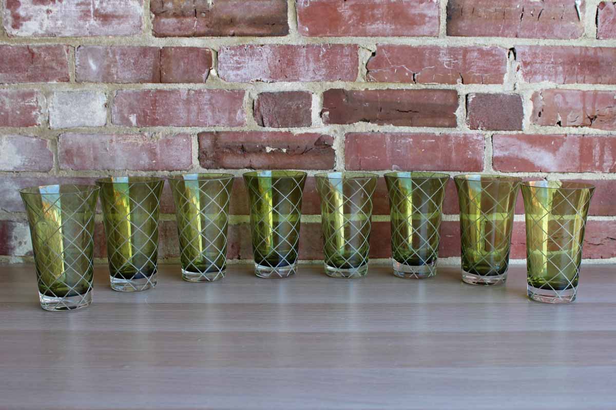 Green Water Glasses with Etched Crosshatch Pattern and Gently Flared Rims, Set of 8