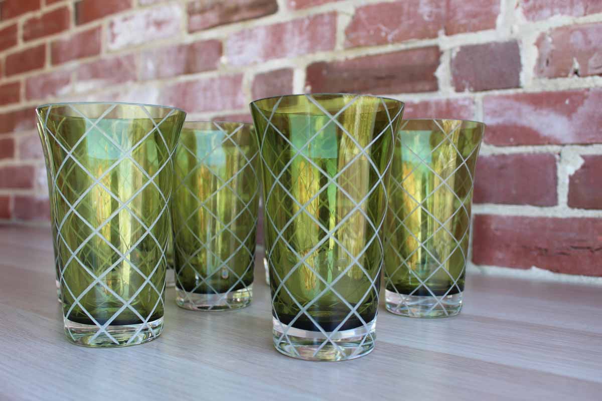 Green Water Glasses with Etched Crosshatch Pattern and Gently Flared Rims, Set of 8