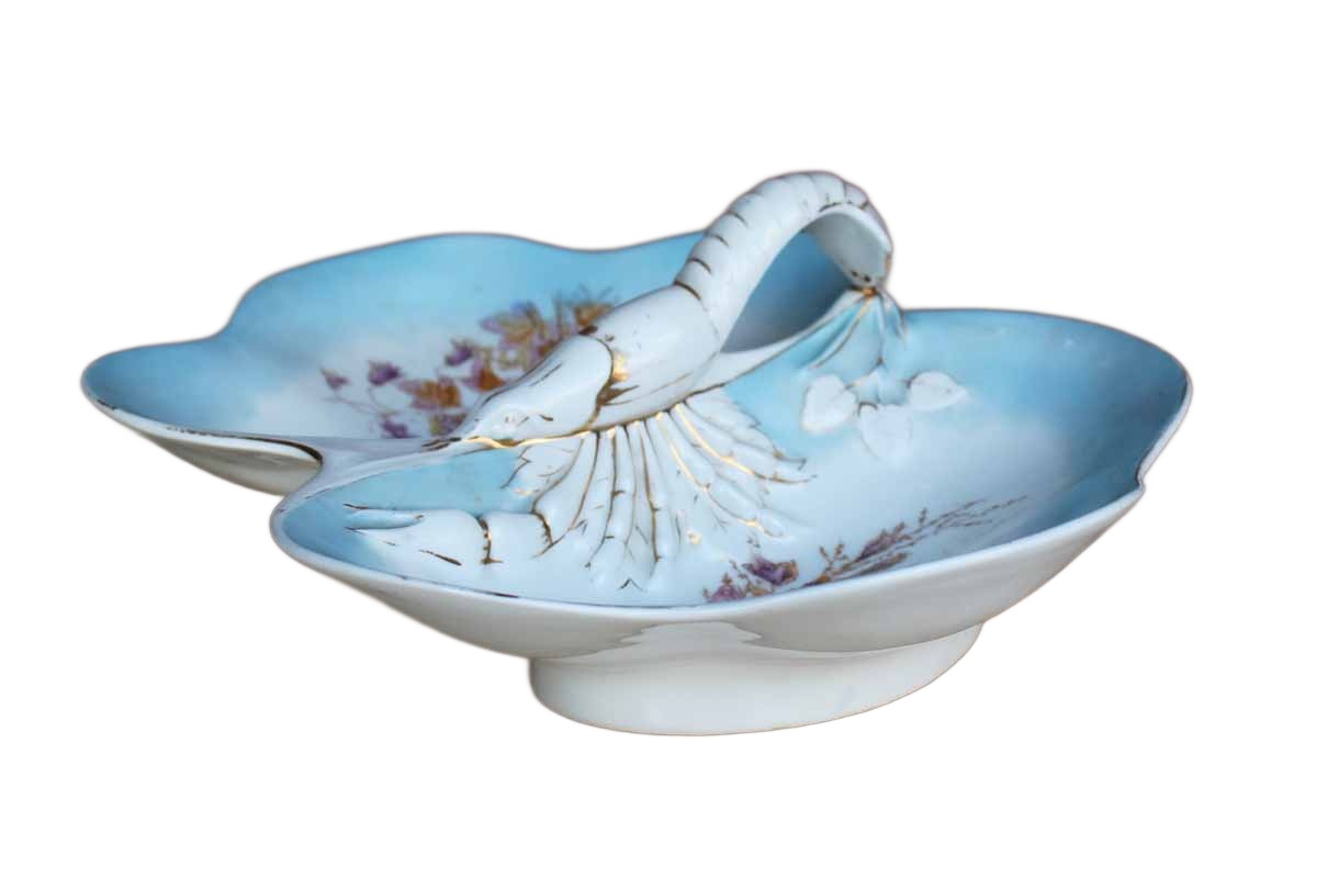 Large Porcelain Divided Dish with Lobster Handle and Hand-Painted Flowers