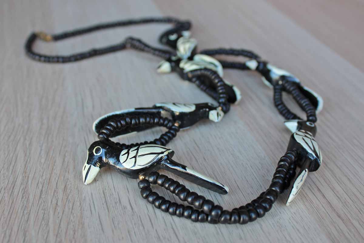 Hand Painted Carved Wood Black and White Bird Necklace with Wood Beads and Barrel Clasp