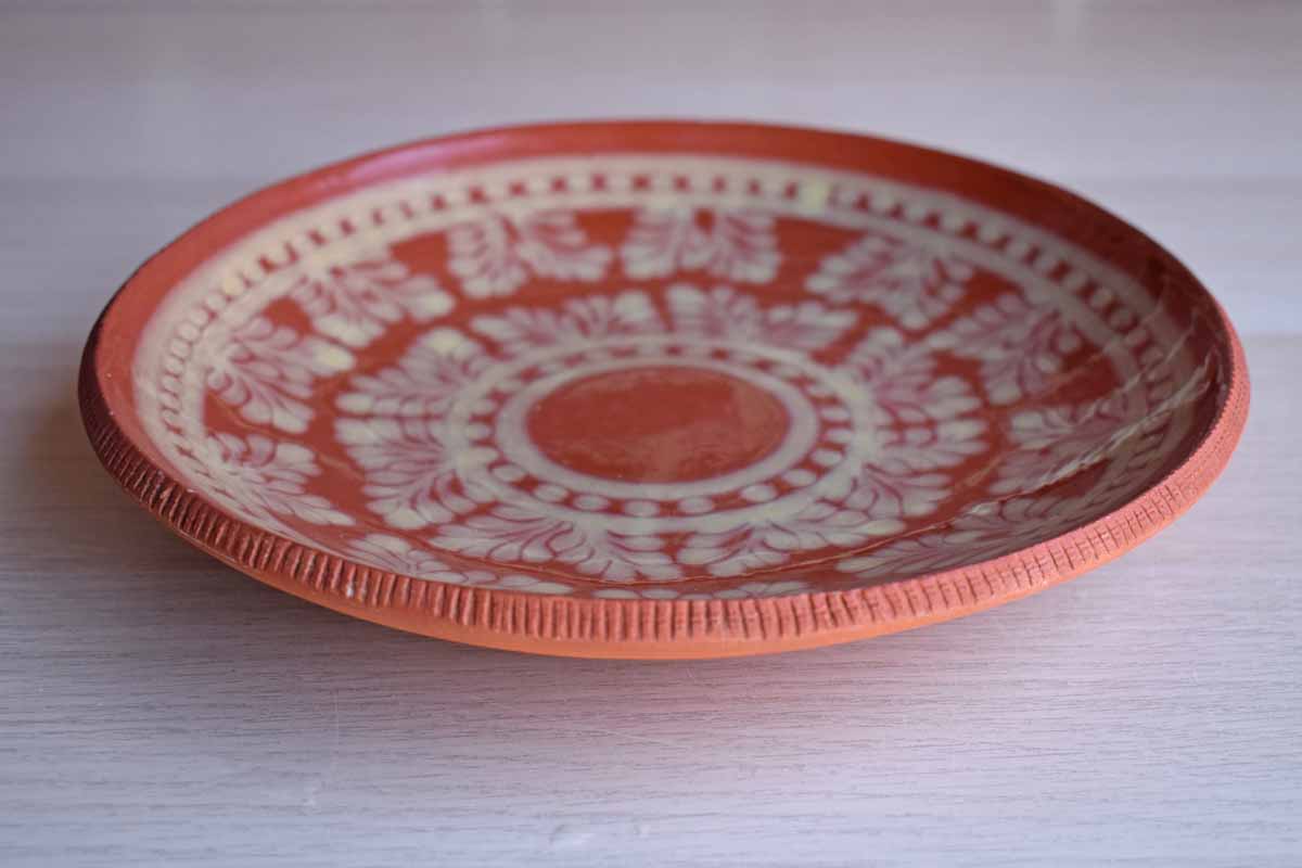 Handmade Redware Plate with Cream Glazed Flower and Dot Decorations, Made in 1978