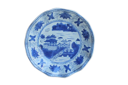 Chinese Blue and White Plate with Wavy Scalloped Edges and Landscape Scene