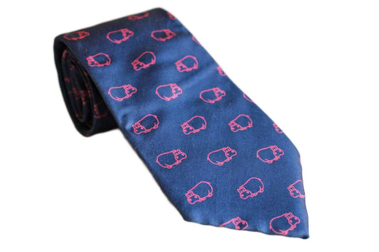 Alynn Neckwear (Connecticut, USA) 100% Silk Necktie Decorated with Red Hippos on a Navy Blue Background