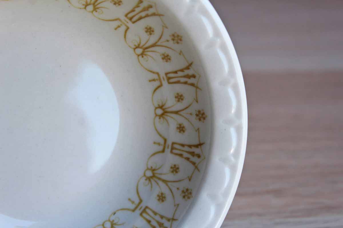 Syracuse China (Syracuse, New York) Small Side Bowls with Textured Rim and Gold Flowers, Set of 12