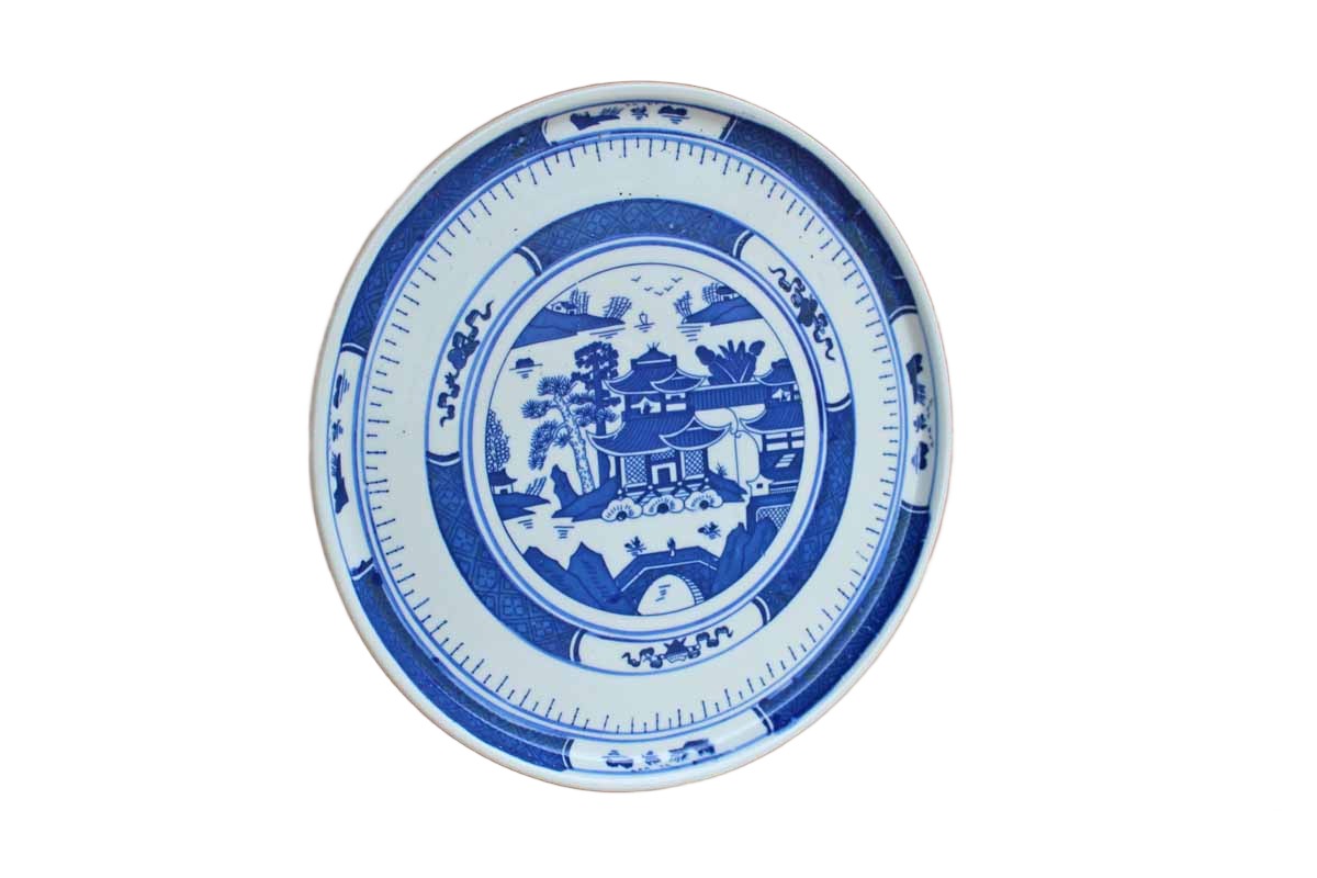 Blue and White Dish Decorated with a House and Landscape Scene