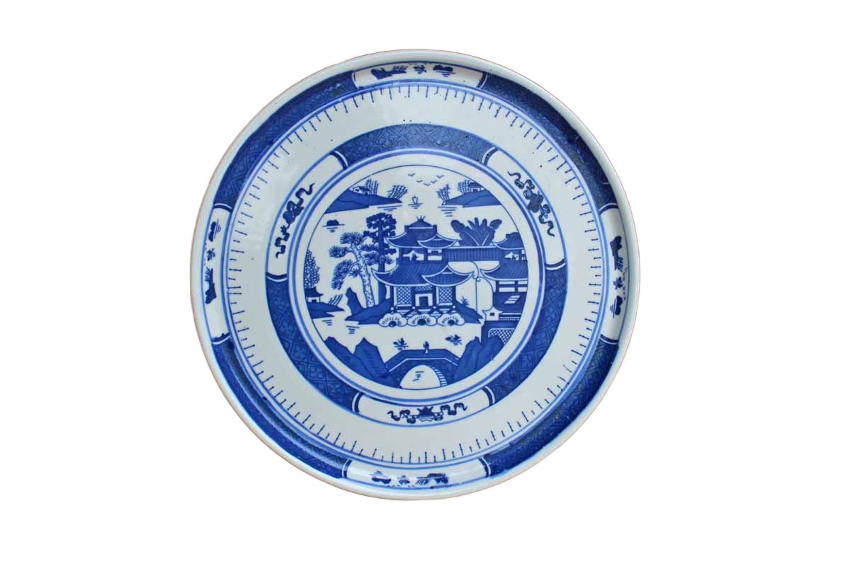 Blue and White Dish Decorated with a House and Landscape Scene