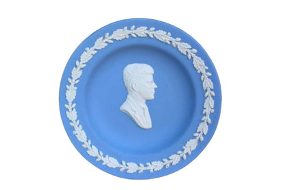 Wedgwood (England) Blue Jasperware 4 1/2" Pin Dish Featuring Profile/Bust of President John F. Kennedy Surrounded by Leaves and Acorns