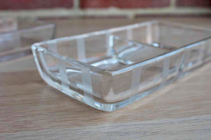 Clear Glass Divided Snack Bowls with Vertical Etched Stripes Detailing, A Pair