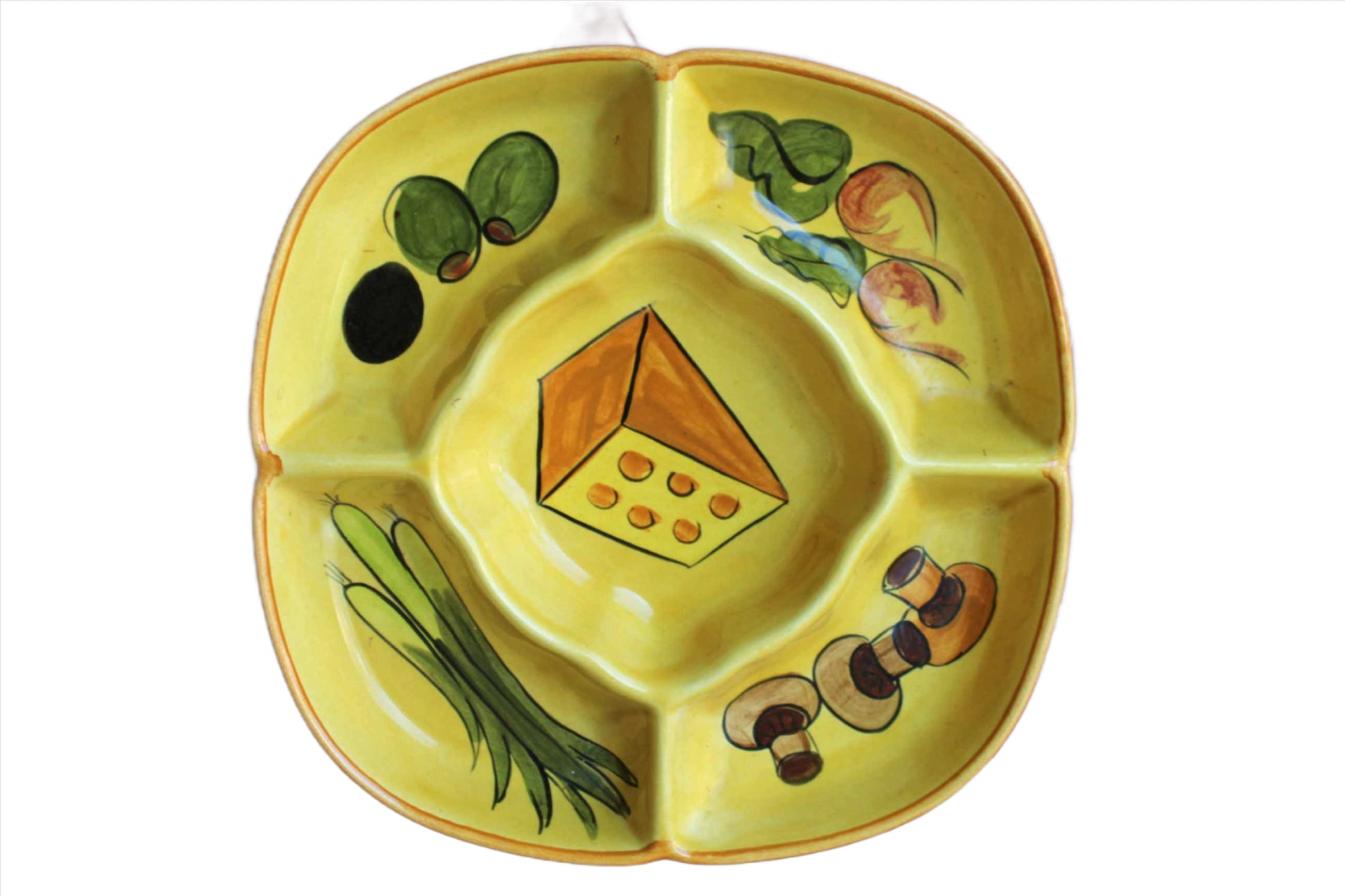 A 1970 crudité serving platter from Los Angeles Potteries featuring five serving compartments decorated with paintings of cheese, olives, green onions, carrots and mushrooms, all on a vibrant yellow base and finished with painted ochre rim.  The dish measures 12 3/4" across and sits 2" high.  The bottom is marked "copyright 1970 Los Angeles Potteries USA 415."  The condition is very good.