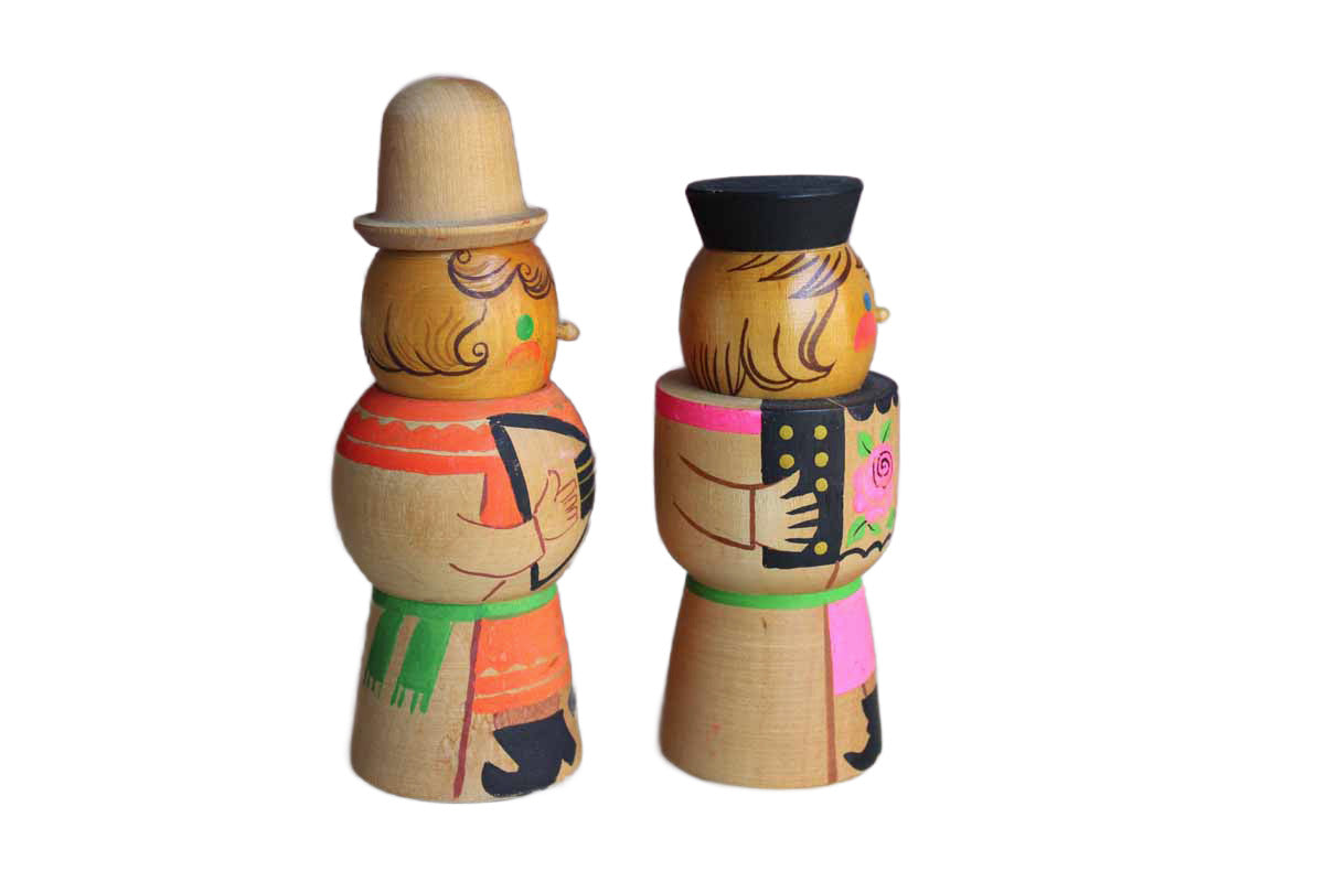 Hand-Painted Colorful Wood Figurines of Musicians, A Pair