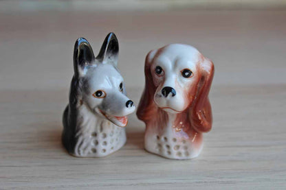 Porcelain German Shepherd and Spaniel Dog Head Thimbles, A Pair