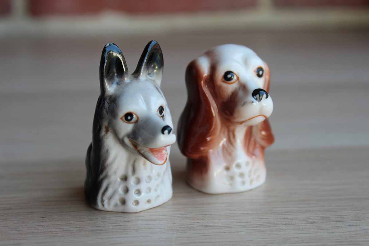 Porcelain German Shepherd and Spaniel Dog Head Thimbles, A Pair
