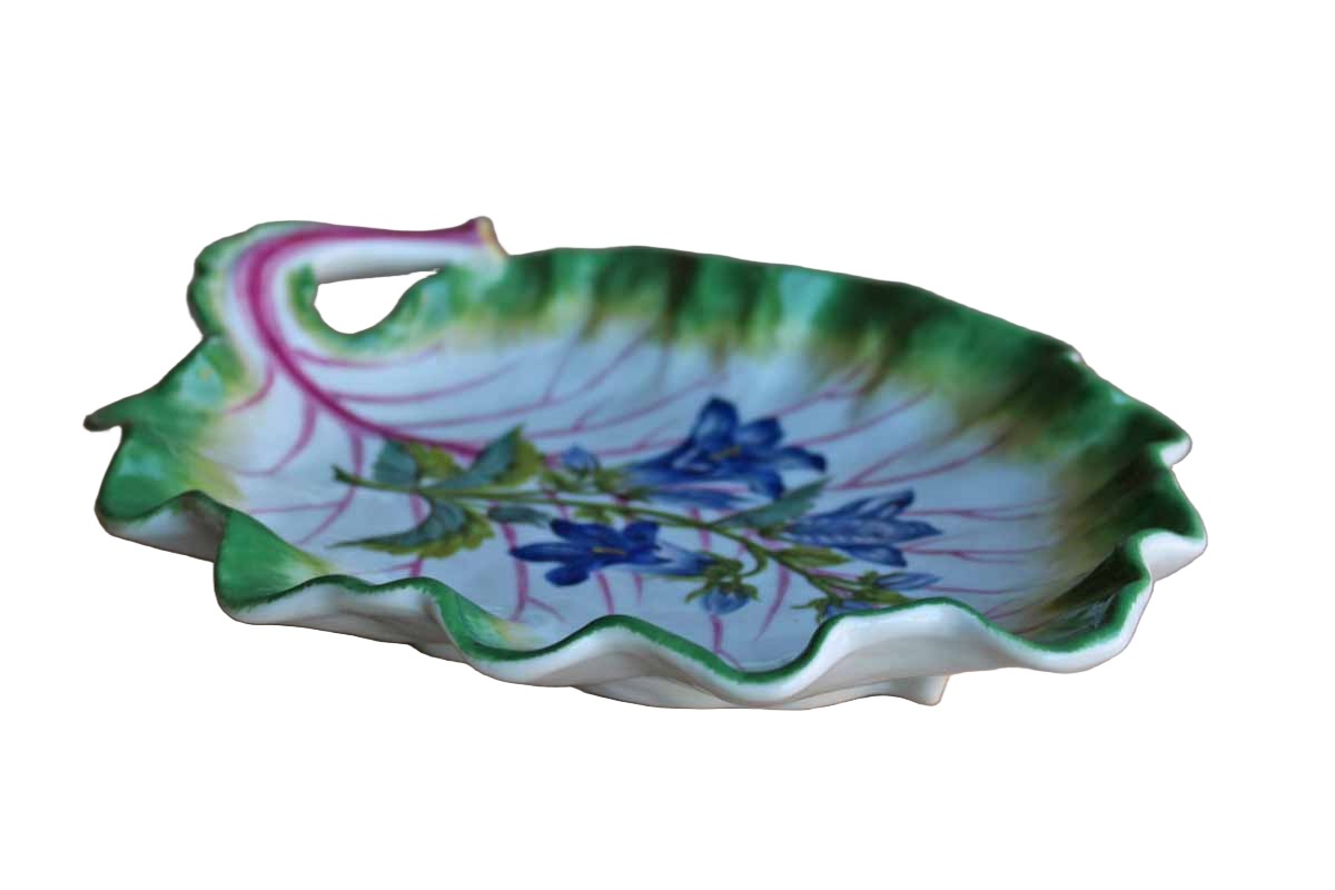 Leaf-Shaped Ceramic Dish with Hand-Painted Blue Flowers and Green Rim