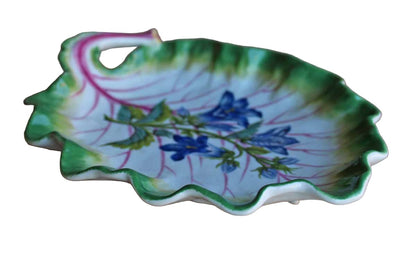 Leaf-Shaped Ceramic Dish with Hand-Painted Blue Flowers and Green Rim