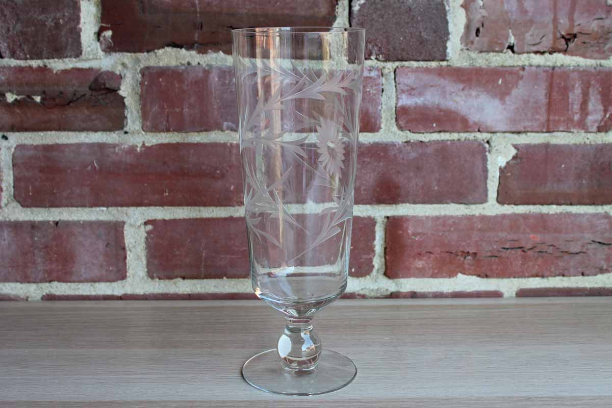 Clear Glass Footed Vase with Etched Flowers