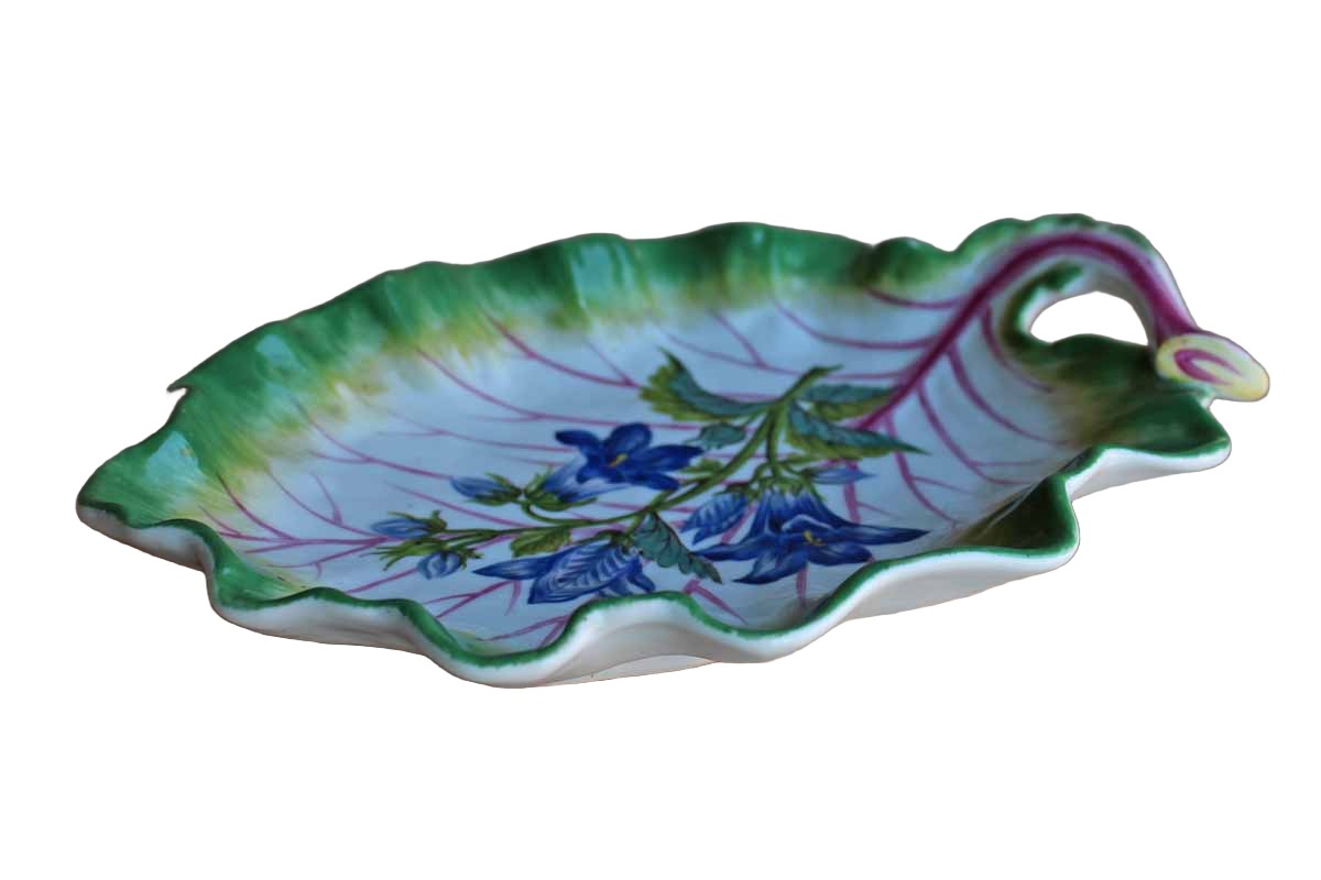 Leaf-Shaped Ceramic Dish with Hand-Painted Blue Flowers and Green Rim