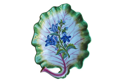 Leaf-Shaped Ceramic Dish with Hand-Painted Blue Flowers and Green Rim