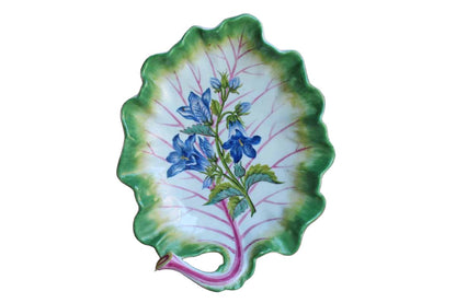 Leaf-Shaped Ceramic Dish with Hand-Painted Blue Flowers and Green Rim