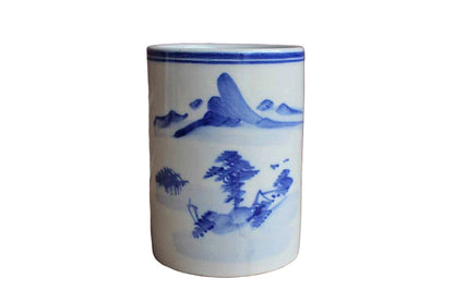 Ceramic Cylindrical Container with Simple Blue and White Landscape Scene