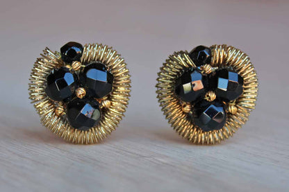 Black Faceted Glass Bead and Gold Metal Non-Pierced Button Earrings
