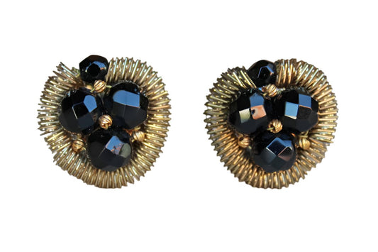 Black Faceted Glass Bead and Gold Metal Non-Pierced Button Earrings