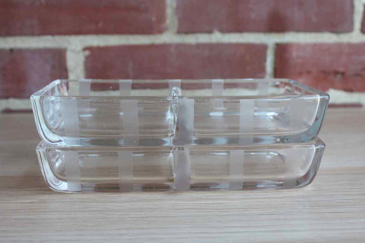 Clear Glass Divided Snack Bowls with Vertical Etched Stripes Detailing, A Pair