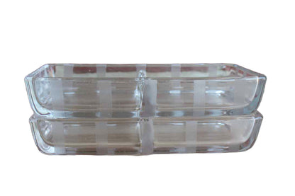 Clear Glass Divided Snack Bowls with Vertical Etched Stripes Detailing, A Pair