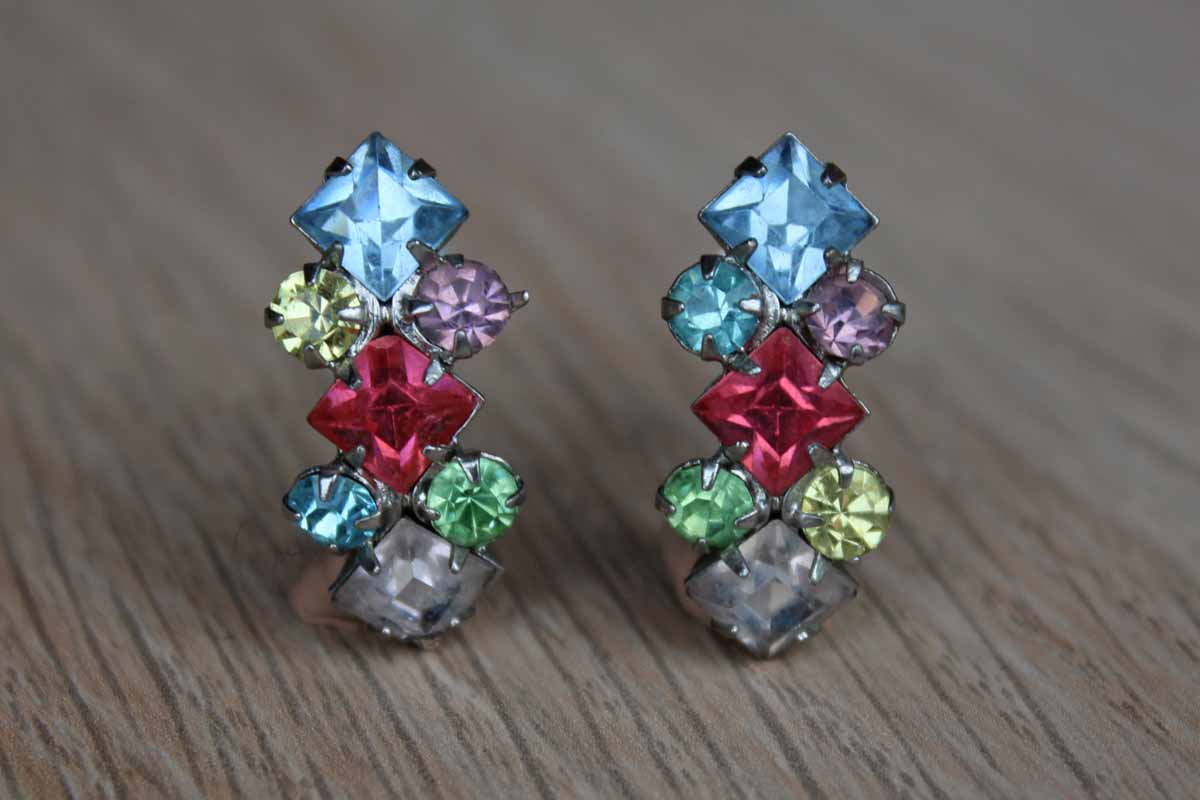 Modernist Colorful Rhinestone Non-Pierced Earrings