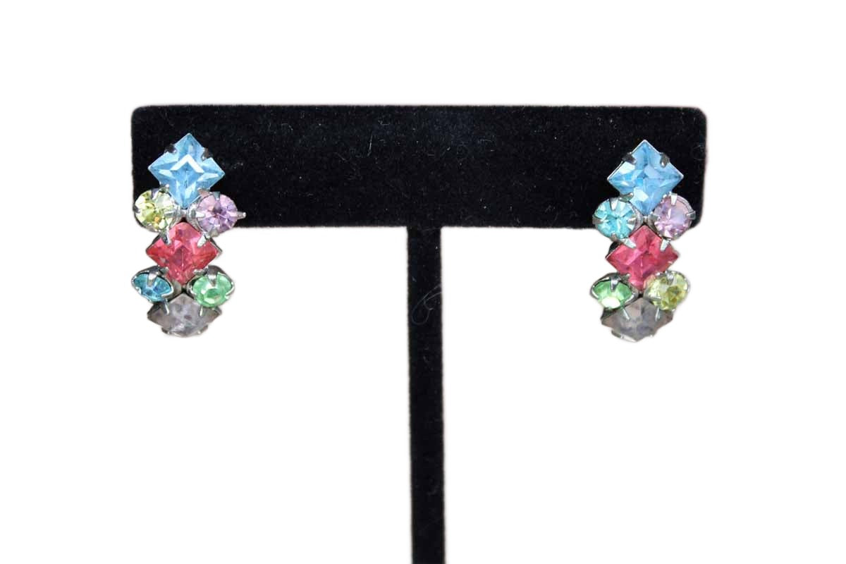 Modernist Colorful Rhinestone Non-Pierced Earrings