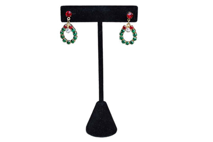 Red, Green, and White Rhinestone Dangling Wreath Pierced Earrings