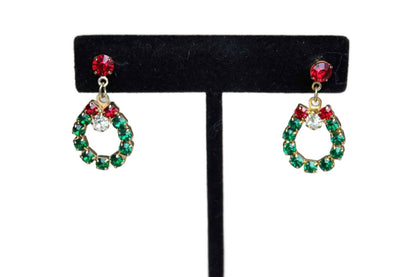 Red, Green, and White Rhinestone Dangling Wreath Pierced Earrings