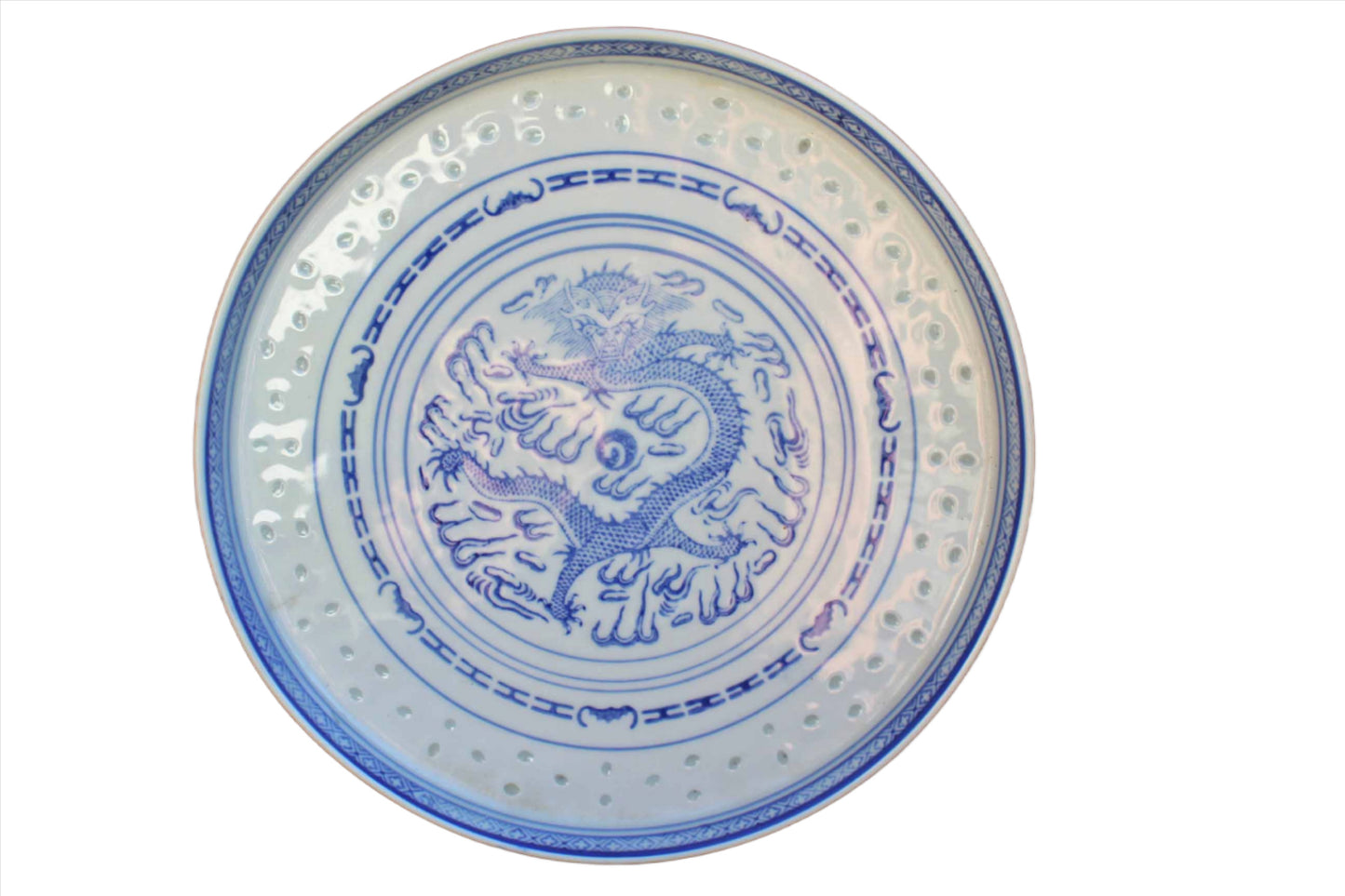 Shallow Blue and White Porcelain Dish with Dragon Decoration