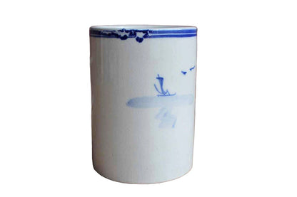 Ceramic Cylindrical Container with Simple Blue and White Landscape Scene
