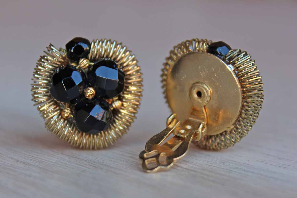 Black Faceted Glass Bead and Gold Metal Non-Pierced Button Earrings