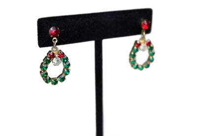Red, Green, and White Rhinestone Dangling Wreath Pierced Earrings