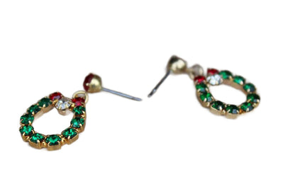 Red, Green, and White Rhinestone Dangling Wreath Pierced Earrings