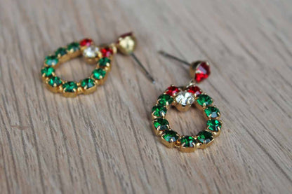 Red, Green, and White Rhinestone Dangling Wreath Pierced Earrings