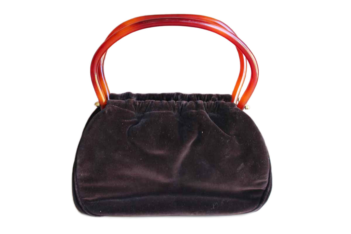 Morris Moskowitz Mocha Brown Velvet Frame Handbag with Tortoiseshell Bakelite Handles
