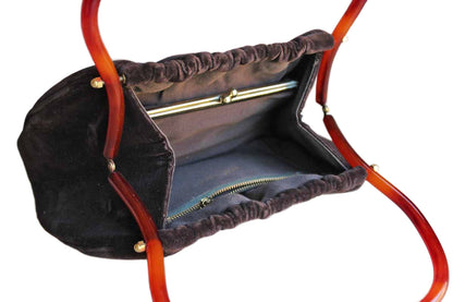 Morris Moskowitz Mocha Brown Velvet Frame Handbag with Tortoiseshell Bakelite Handles