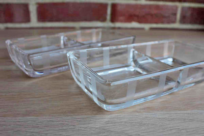 Clear Glass Divided Snack Bowls with Vertical Etched Stripes Detailing, A Pair