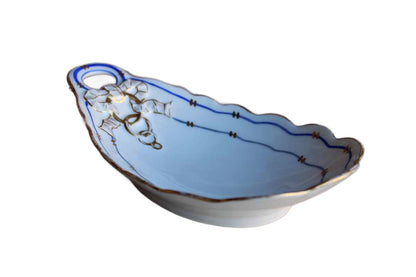 Porcelain Bowl with Gold Painted Ribbon, Scalloped Rim, and Blue Accents