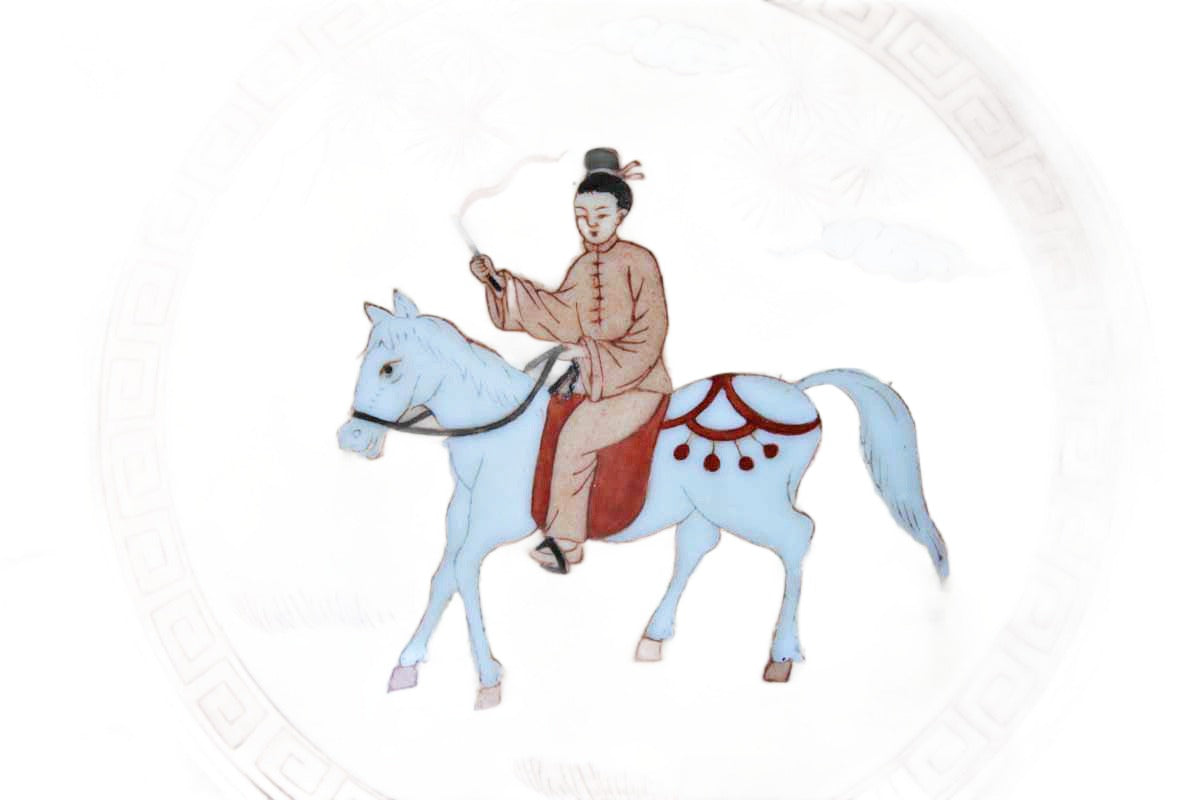 A.C.F. (Hong Kong) Japanese Porcelain Ware Brass Enclosed Shallow Bowl Decorated with Man on a Horse