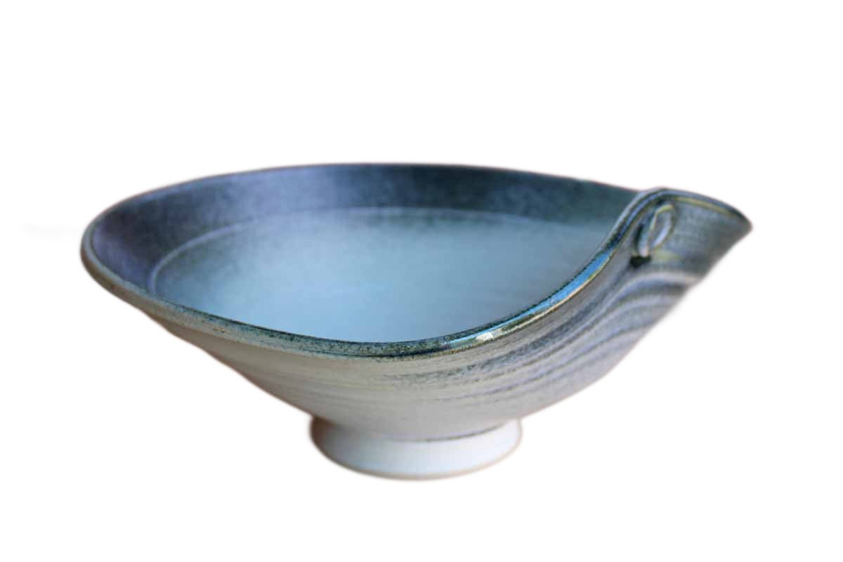 Handmade Stoneware Bowl with Indented Side and Splattered Gray and Blue Finish
