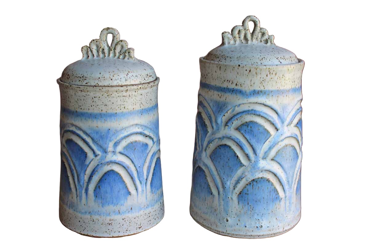 Stoneware Lidded Storage Cannisters with Blue and Gray Speckled Designs, A Pair