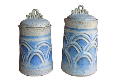 Stoneware Lidded Storage Cannisters with Blue and Gray Speckled Designs, A Pair
